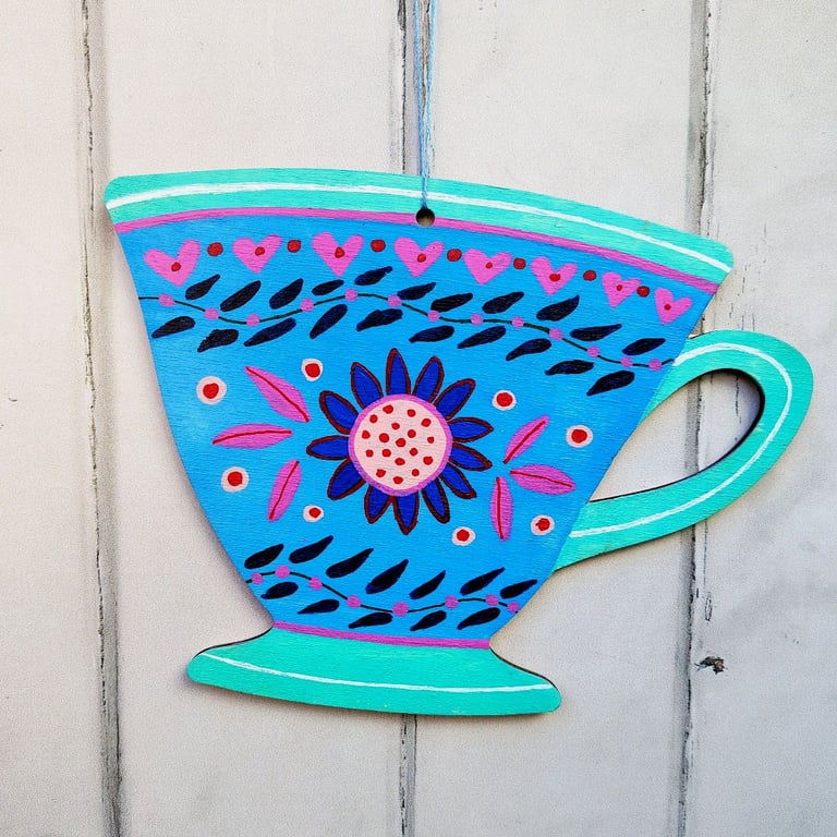 Hand painted wooden hanging cup decoration  hearts flower boho wall art