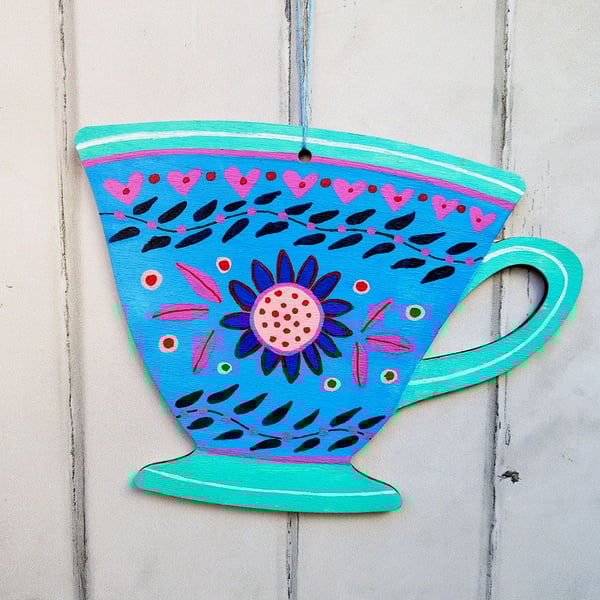 Hand painted wooden hanging cup decoration  hearts flower boho wall art