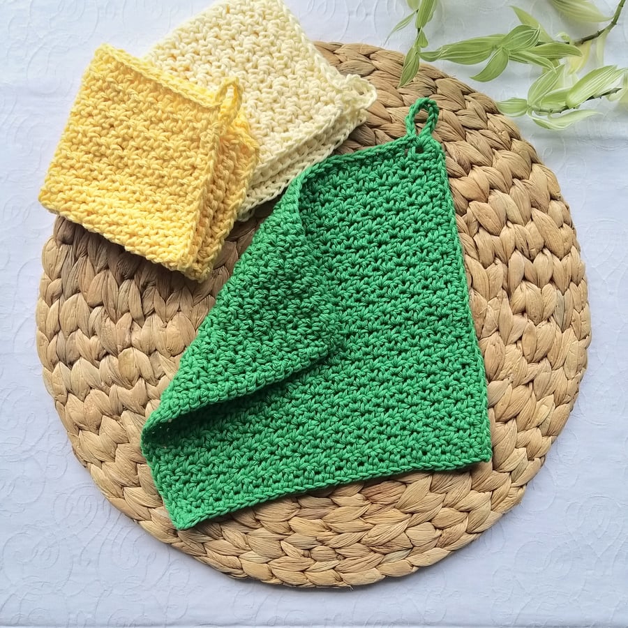 Seconds Sunday Set of 3 Crochet Cotton Wash Cloths Dish Cloths Spring Shades