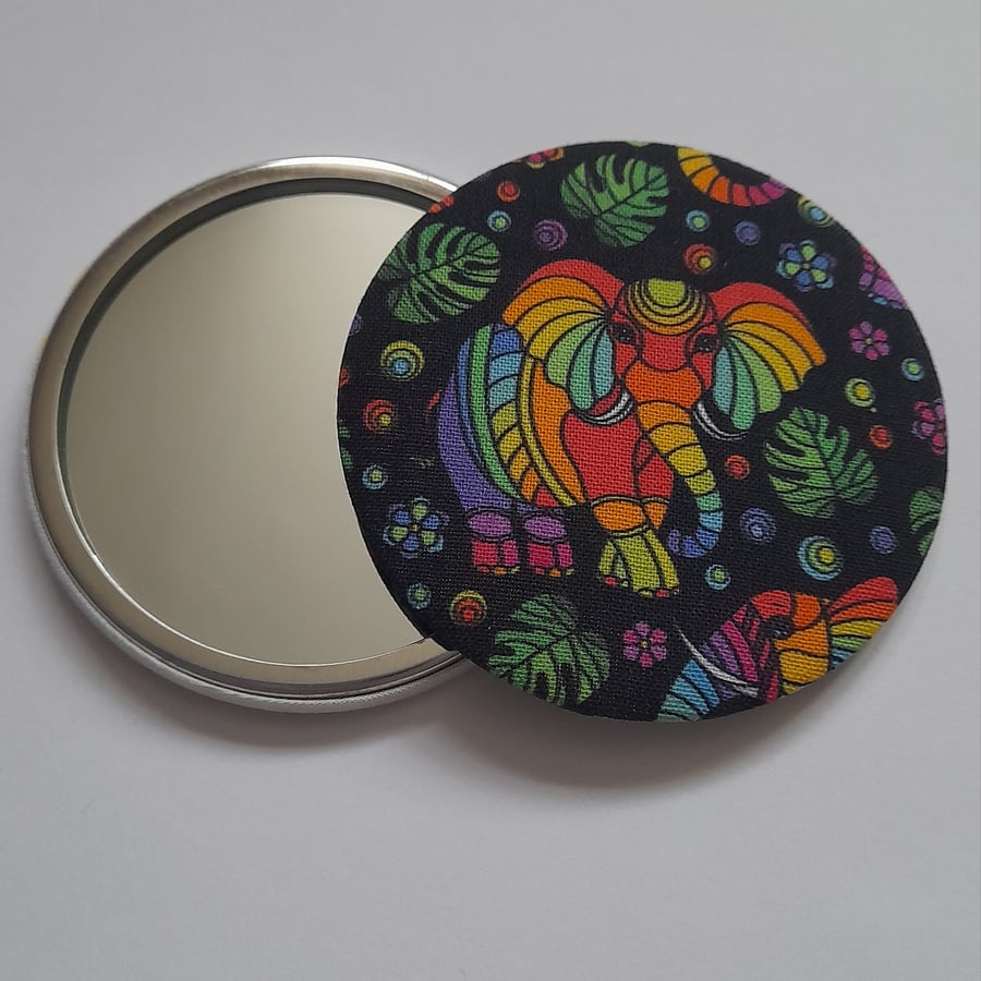 Multicoloured Elephant Design Fabric Backed Pocket Mirror