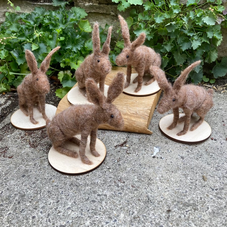 Brown hare miniature model, needle felted woollen sculpture