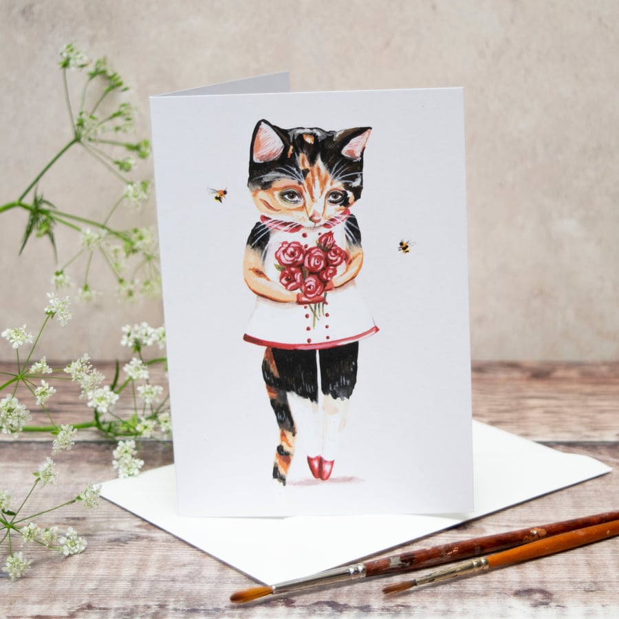 Greeting card of a tortoiseshell cat- Marmalade. A6, blank inside
