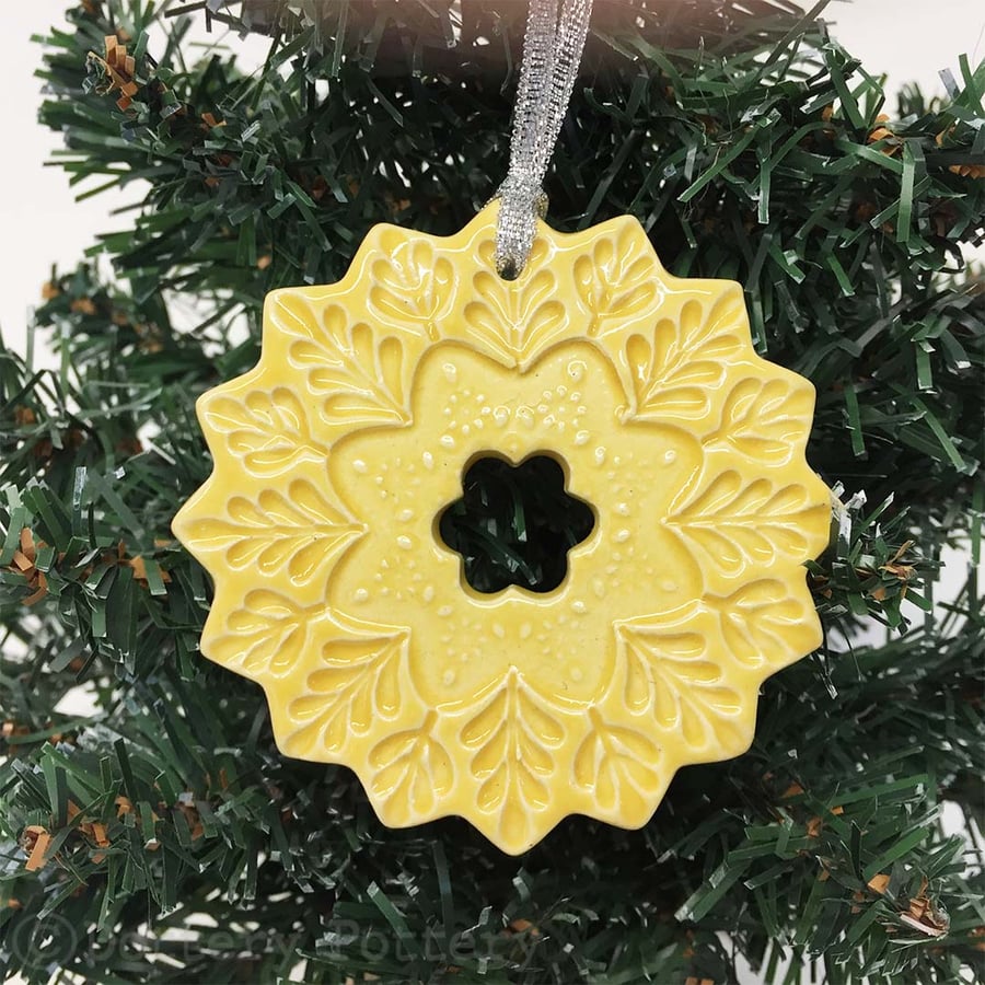 Ceramic Christmas decoration fancy pottery bauble yellow