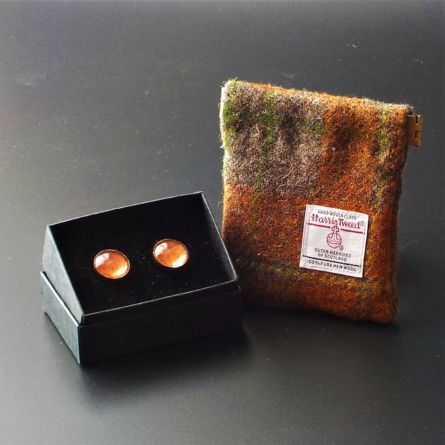 Harris tweed gift set cufflinks and flex top coin purse orange
