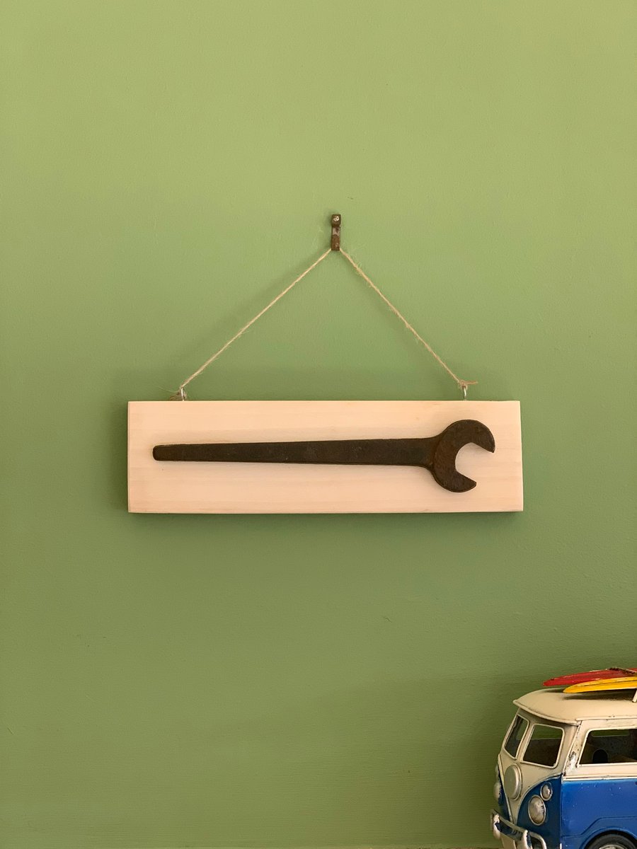 Reclaimed Wood Wall Plaque with Vintage Spanner -  Mancave, Shed Sign