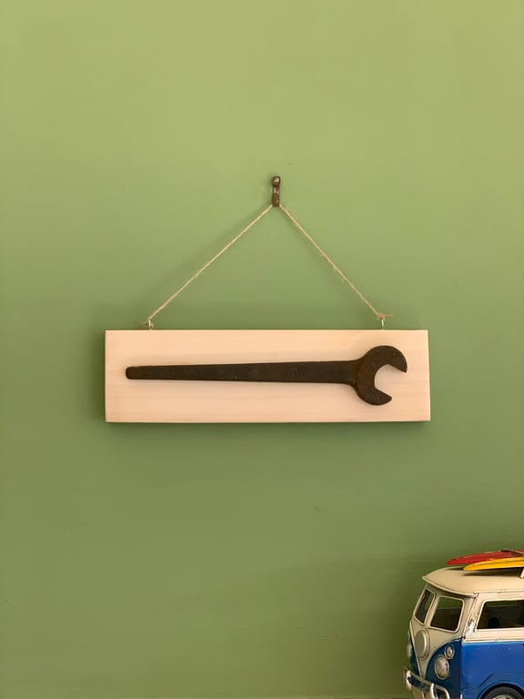 Reclaimed Wood Wall Plaque with Vintage Spanner -  Mancave, Shed Sign