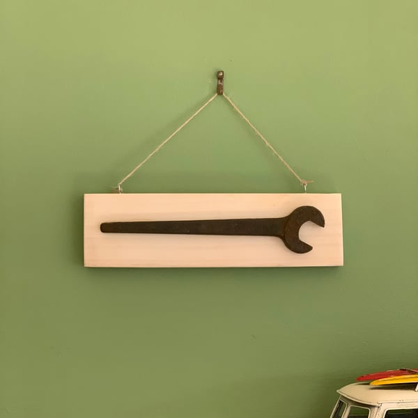 Reclaimed Wood Wall Plaque with Vintage Spanner -  Mancave, Shed Sign