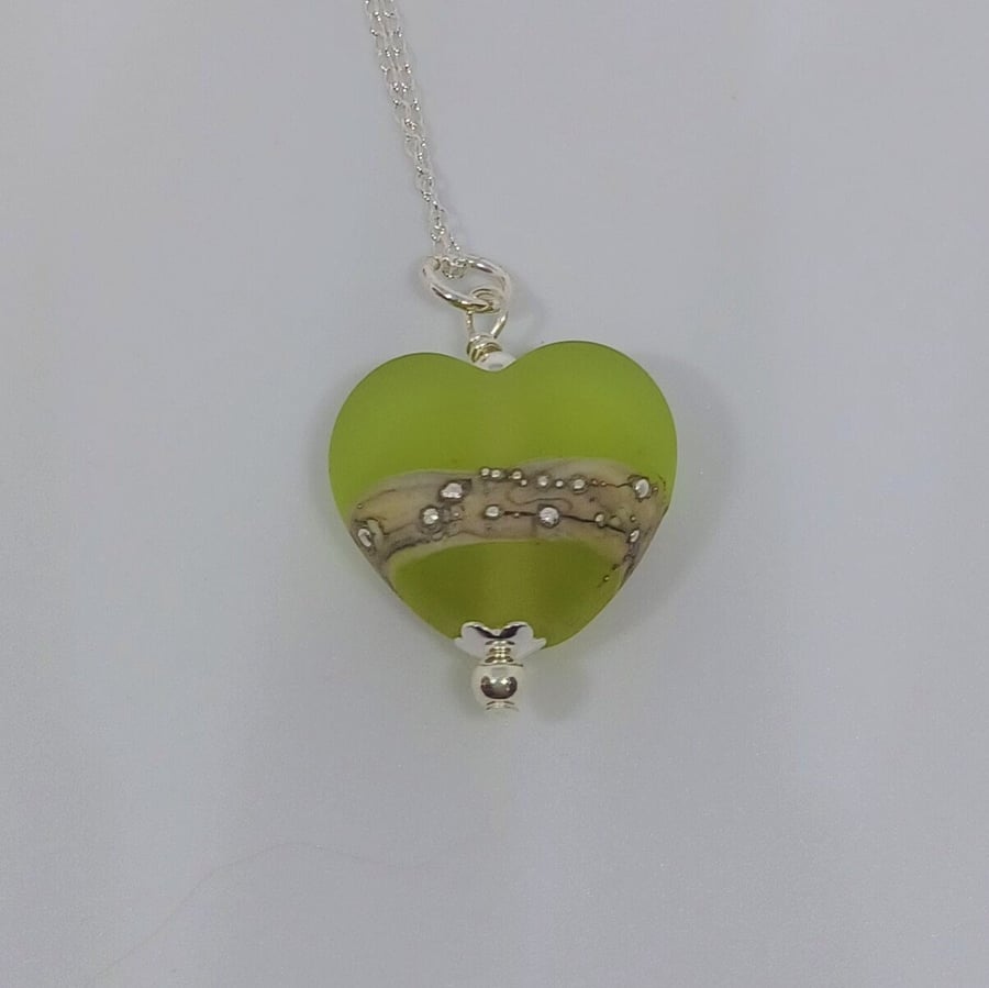 Green Lampwork Glass Heart Focal Bead Necklace on sterling silver chain, Glass H