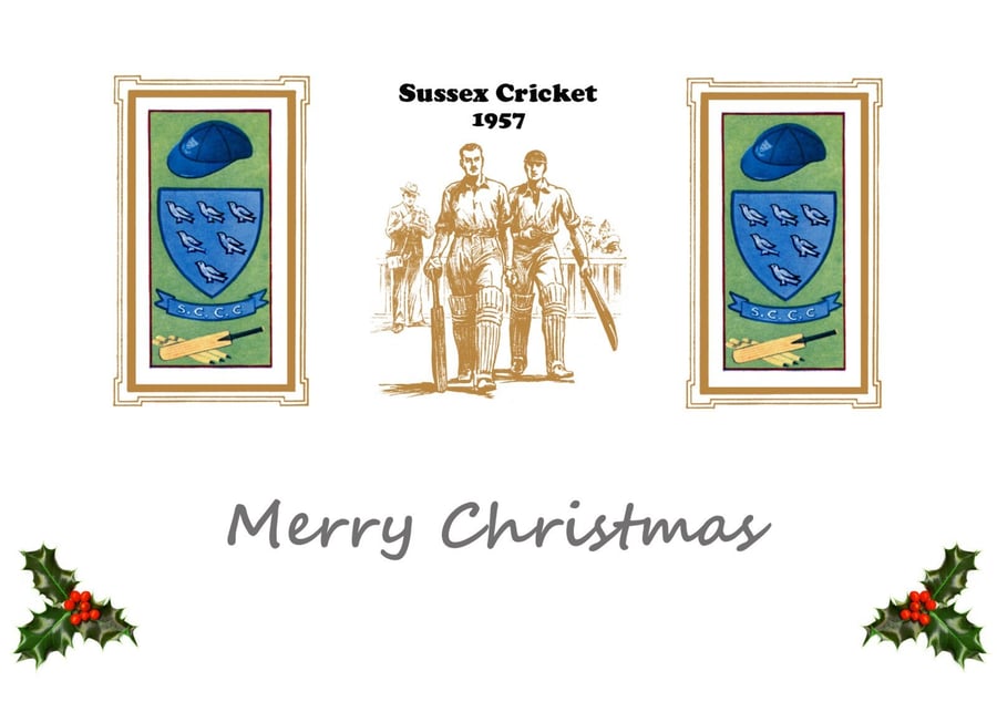 Christmas card cricket vintage 1957 Sussex badge design. FREE UK P&P