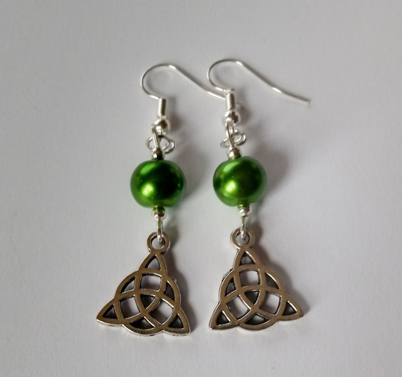 Green Triquetra Celtic Knot Dangle Earrings
