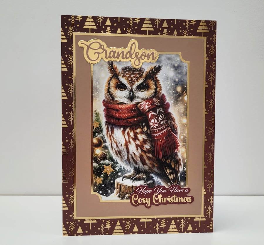 Grandson Christmas Card - Wintry Owl Luxury Handmade Card for Grandson