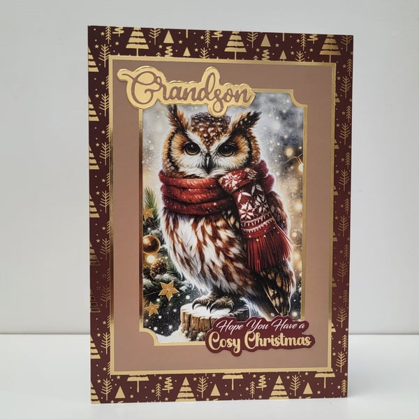 Grandson Christmas Card - Wintry Owl Luxury Handmade Card for Grandson