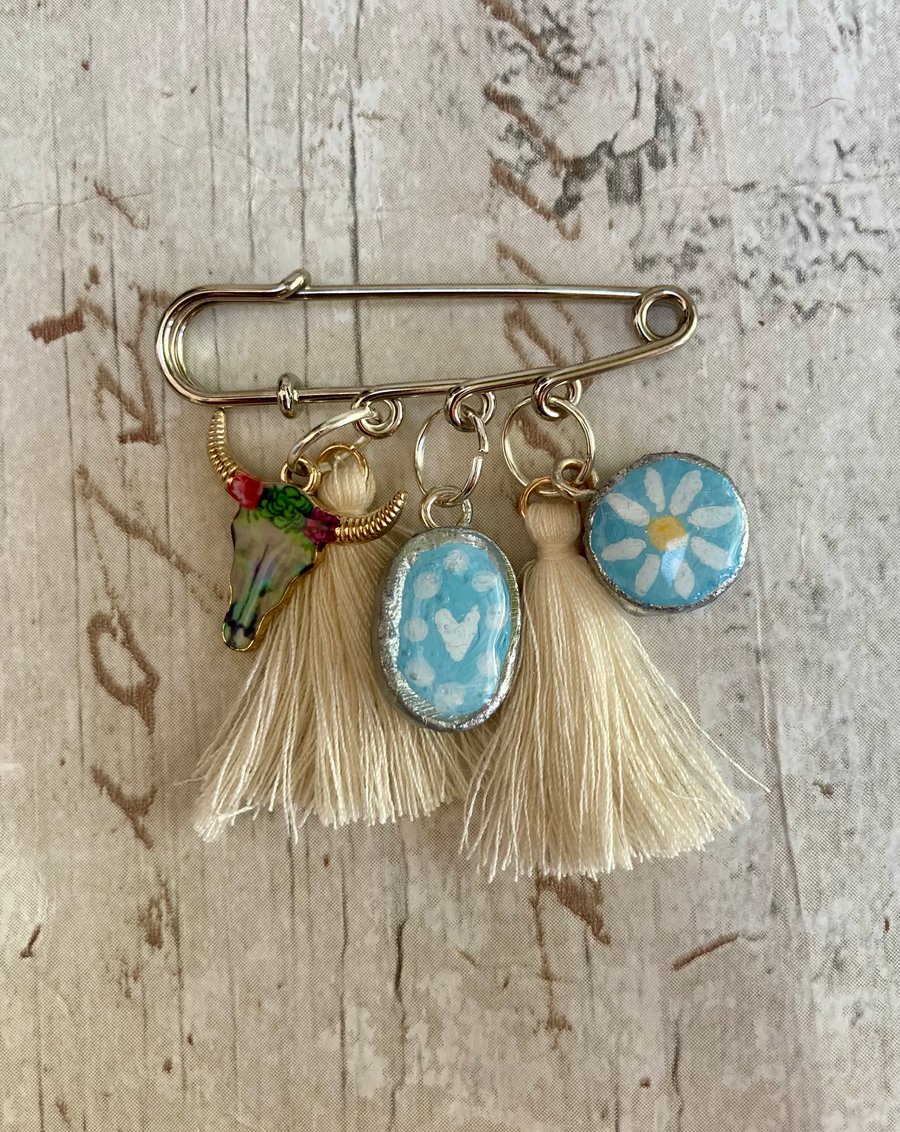 Boho Kilt Pin Brooch Clay Charms Handmade Enamelled Charms & Tassels Summer Pins