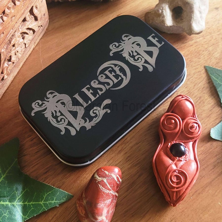 Blessed Be Engraved Tin with Altar Goddess Pagan Decoration Wicca Druid