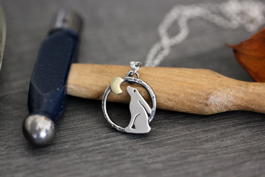 Mini Moon Gazing Hare Necklace -Sterling silver and brass - Made to order