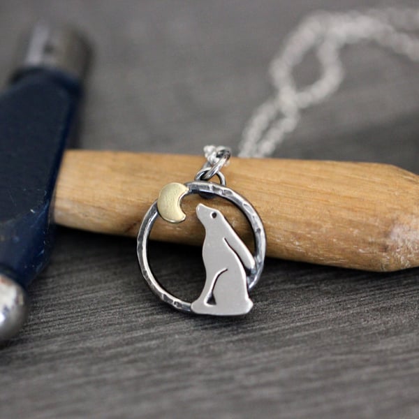 Mini Moon Gazing Hare Necklace -Sterling silver and brass - Made to order