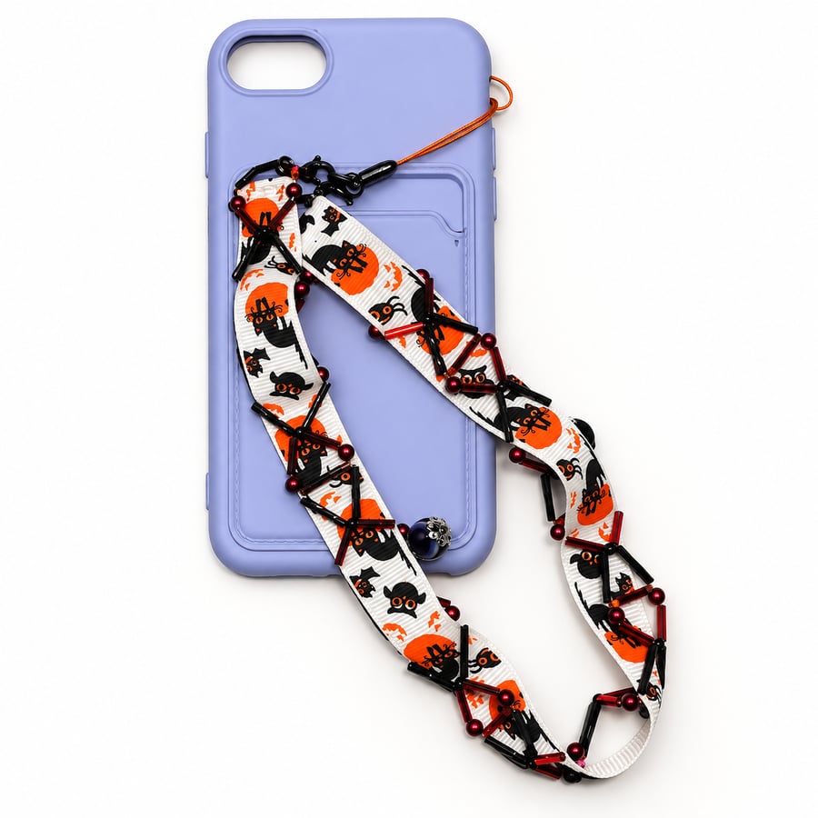 Halloween Ribbon Phone Strap with Beads and Evil Eye Charms