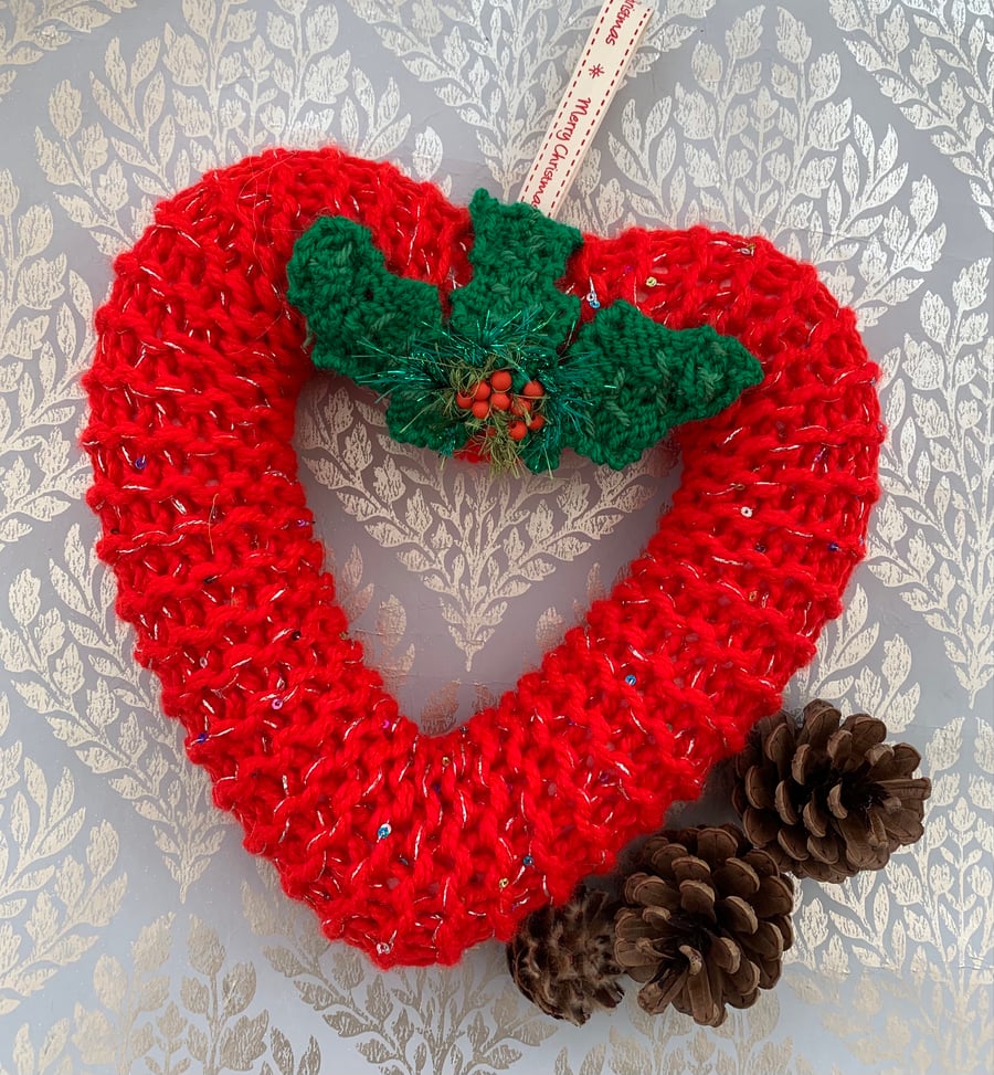 Knitted Christmas heart wreath with holly decoration, 10 inch wreath 