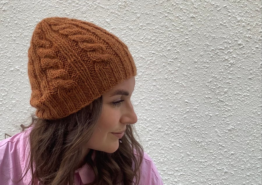 BEANIE HAT .' Towpath' . Luxurious baby Alpaca, Merino wool. Cabled . Russet.