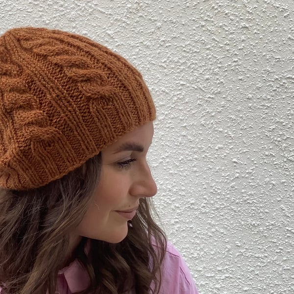 BEANIE HAT .' Towpath' . Luxurious baby Alpaca, Merino wool. Cabled . Russet.