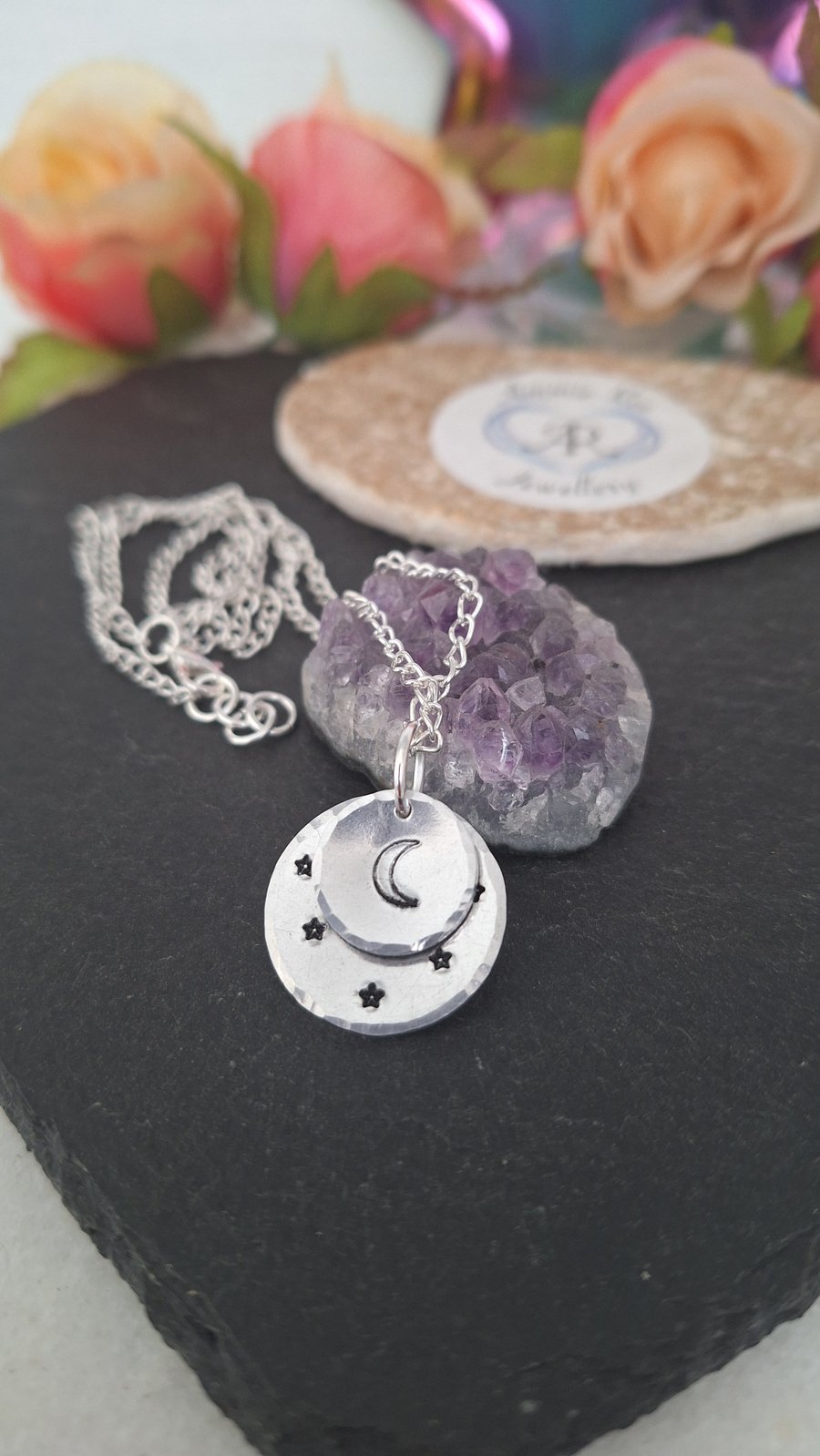 Moon and the stars silver plated short necklace 