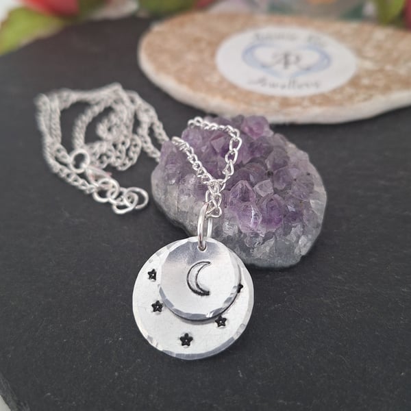 Moon and the stars silver plated short necklace 