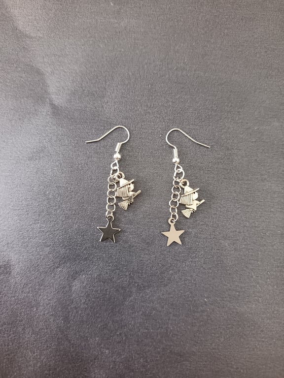 Silver witch and star charm dangle earrings 