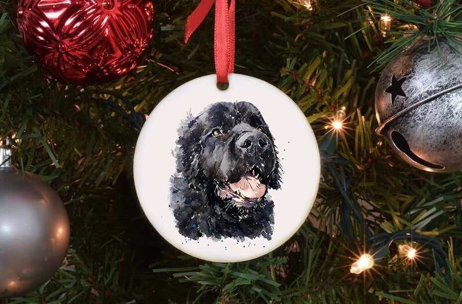Black Newfoundland Dog Ceramic Circle Tree Decoration. Newfoundland Dog Xmas Tre