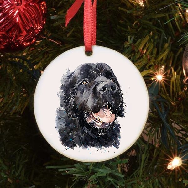 Black Newfoundland Dog Ceramic Circle Tree Decoration. Newfoundland Dog Xmas Tre
