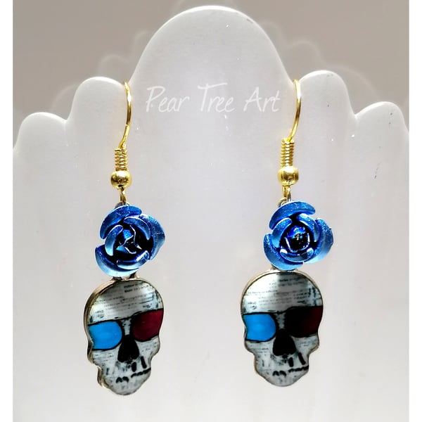 Sugar Skull Earrings with Blue Metal Roses 