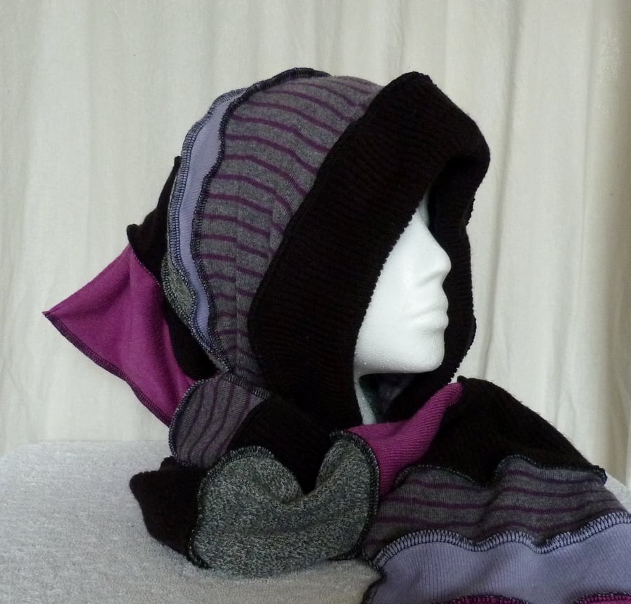 Upcycled Wool  Scoodie An all in one Scarf and Hood with Pockets. Lilac & Black