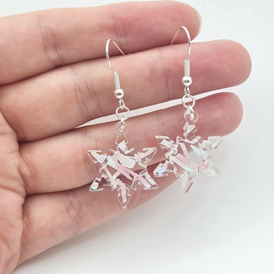 Sparkly Resin Snowflake Dangle Earrings, Lightweight Christmas Jewellery