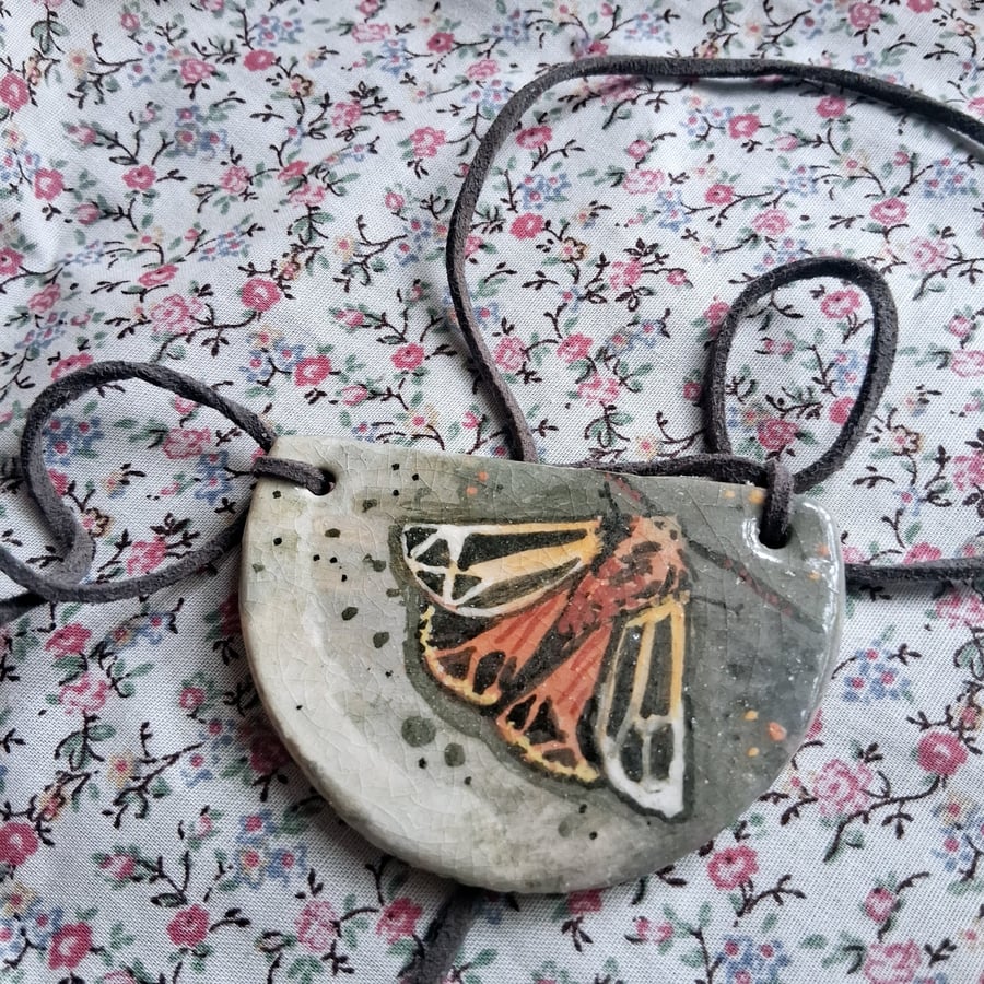 ceramic necklace pendant handmade- moth semi circle