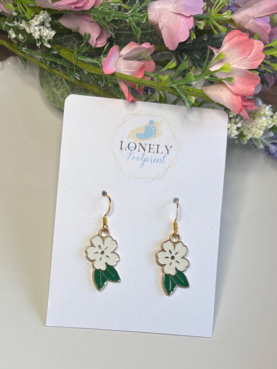White Blossom Earrings, Floral Charms, Handmade Jewellery 