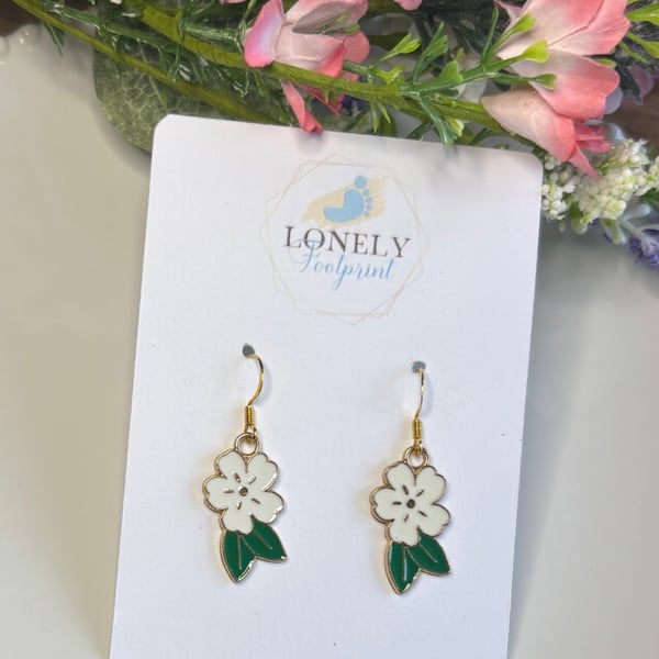 White Blossom Earrings, Floral Charms, Handmade Jewellery 