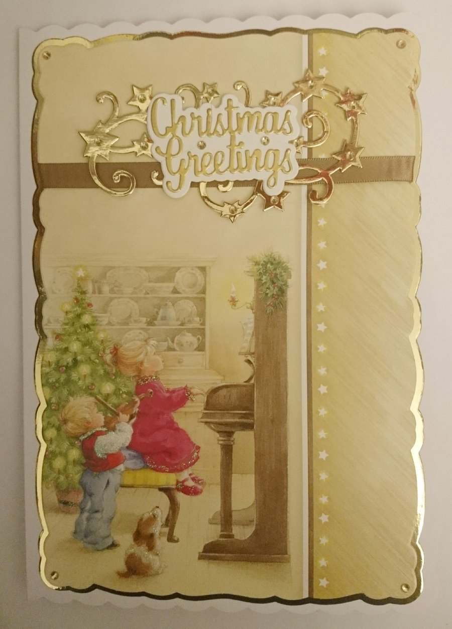 Christmas Card Children Puppy Dog and Christmas Carols Christmas Greetings