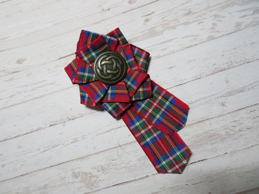 Royal Stewart Tartan & Celtic Button Ribbon Ruffle Brooch 