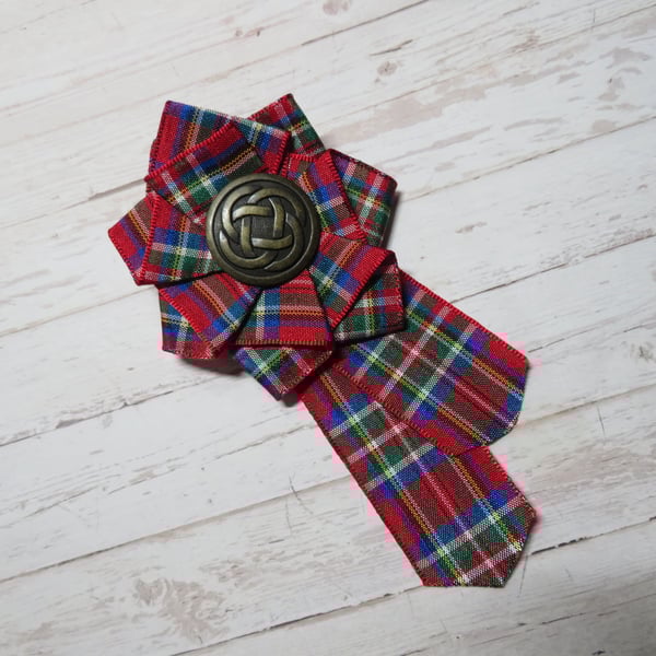 Royal Stewart Tartan & Celtic Button Ribbon Ruffle Brooch 