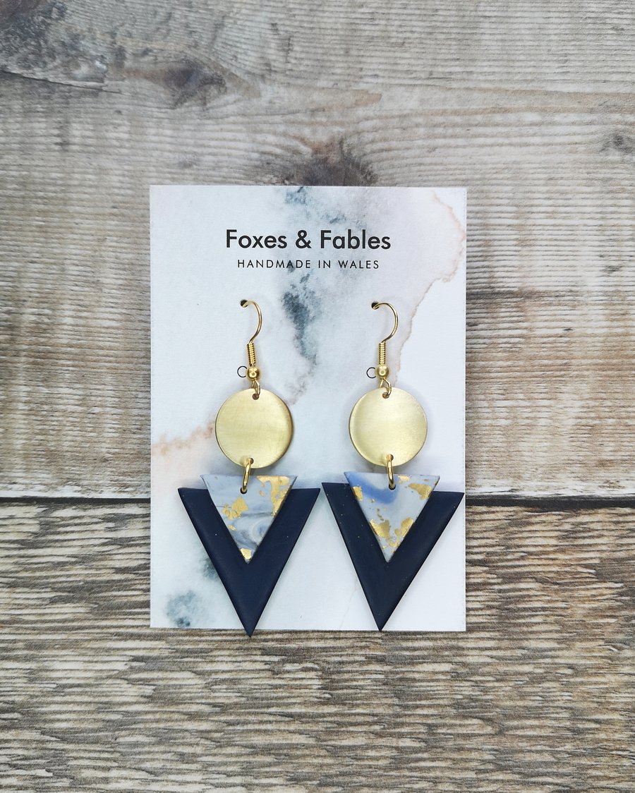 Navy and Gold Geometric Dropper Earrings