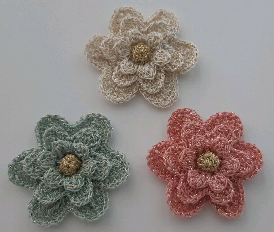 Large Sparkly Crochet Flowers - Crafts - Weddings- Christening- Appliques