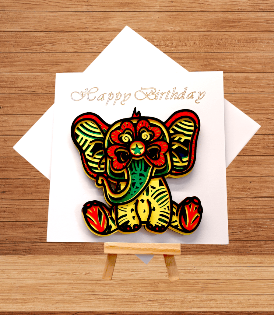 Beautiful brightly layered baby elephant happy birthday card