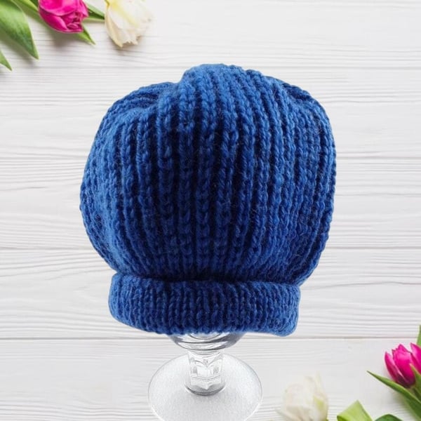 Hand knitted baby ribbed hat in blue 17 inch head 6 - 12 months 