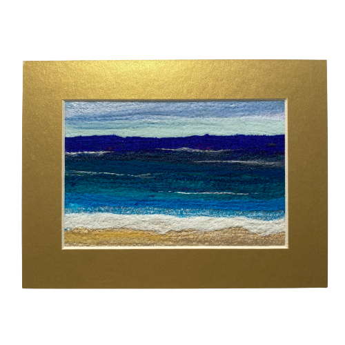 Textile art, needle felted silk and wool picture, beach scene, 8"x6" mounted