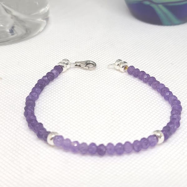 Faceted Amethyst Bracelet: Sterling Silver Rondelles, February Birthstone