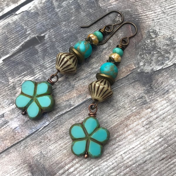 Aqua Czech Glass Flower Earrings - Colourful Boho Jewellery for Summer