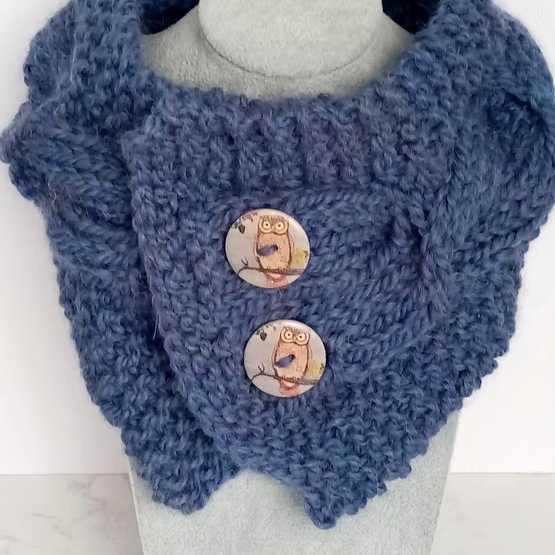 Cable Knit Neck Warmer in Blue, Handmade Scarf, Alpaca Wool
