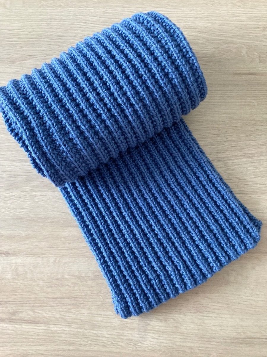 Denim Blue Knitted Scarf - Merino Wool - Ribbed Design