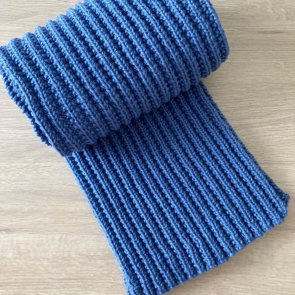 Denim Blue Knitted Scarf - Merino Wool - Ribbed Design