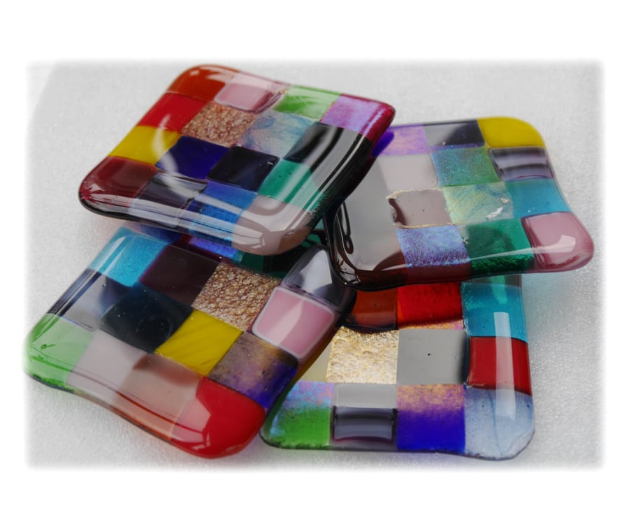 Fused Glass Coaster 8cm Rainbow patchwork