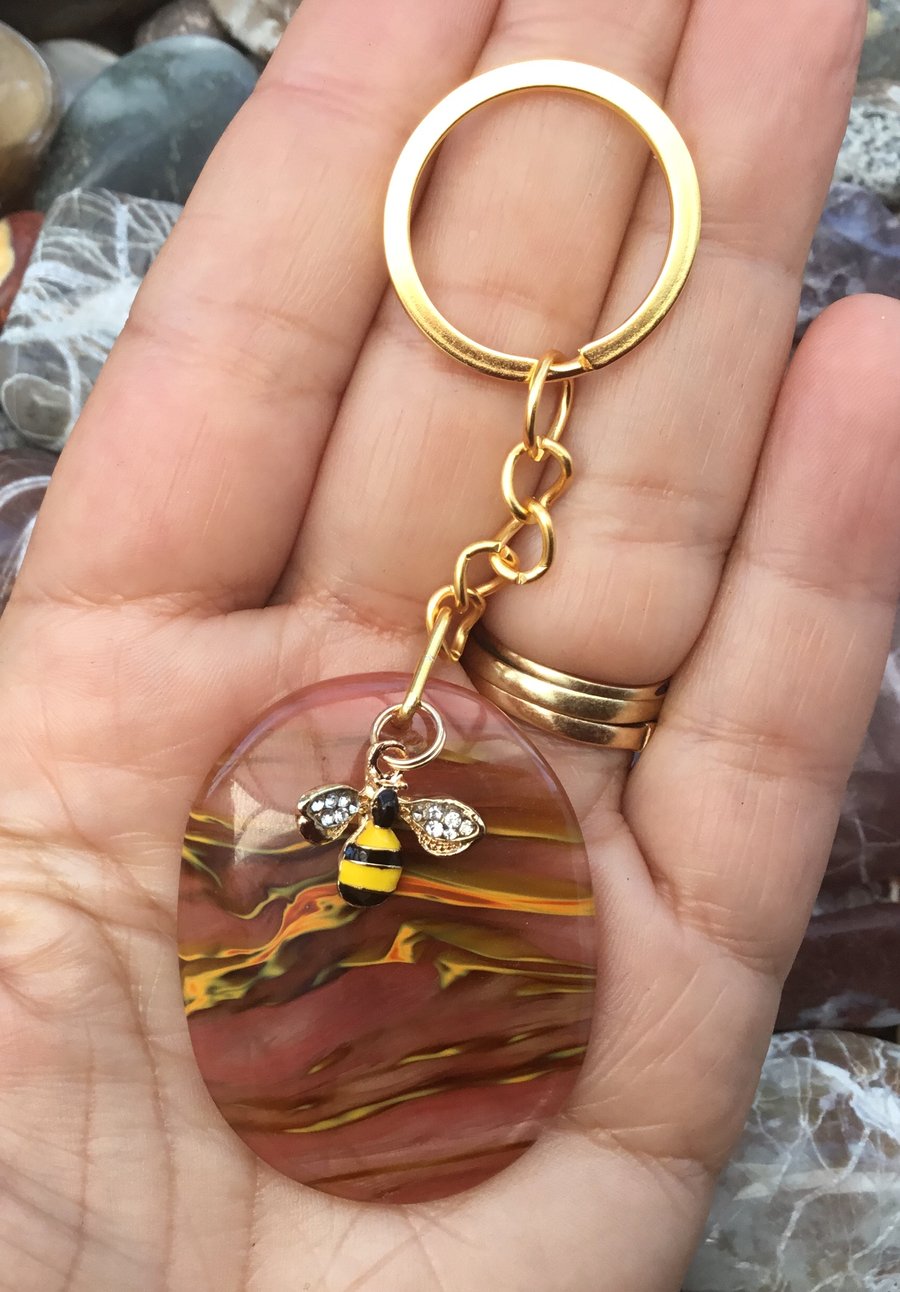 Summer Fire! Volcano Cherry Quartz and Bee Charm Keyring or Handbag Charm.
